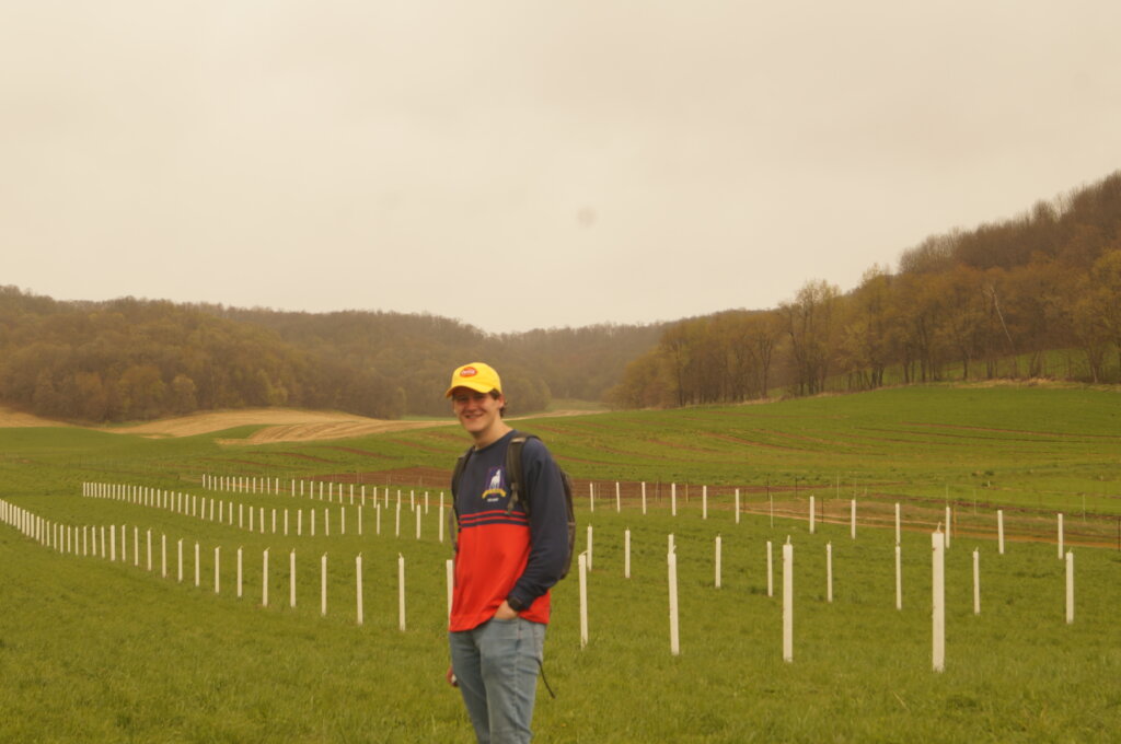 Brendan Dooley of AgroForestry Land (AFL) in front of alley cropping system with Chestnut trees and soy beans in Spring Green Wisconsin.