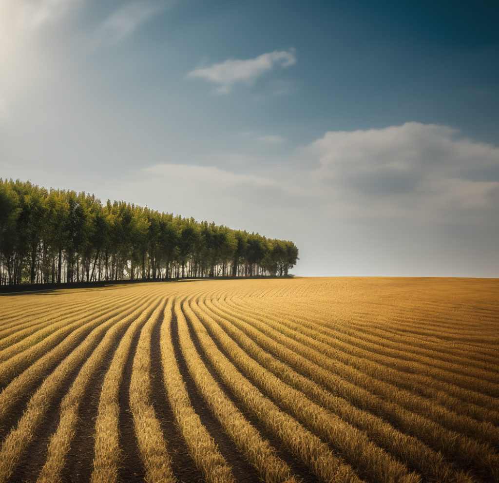 Digital representation of agroforestry windbreak system with yellow wheat crops and perennial green trees with bright blue sky in the background.