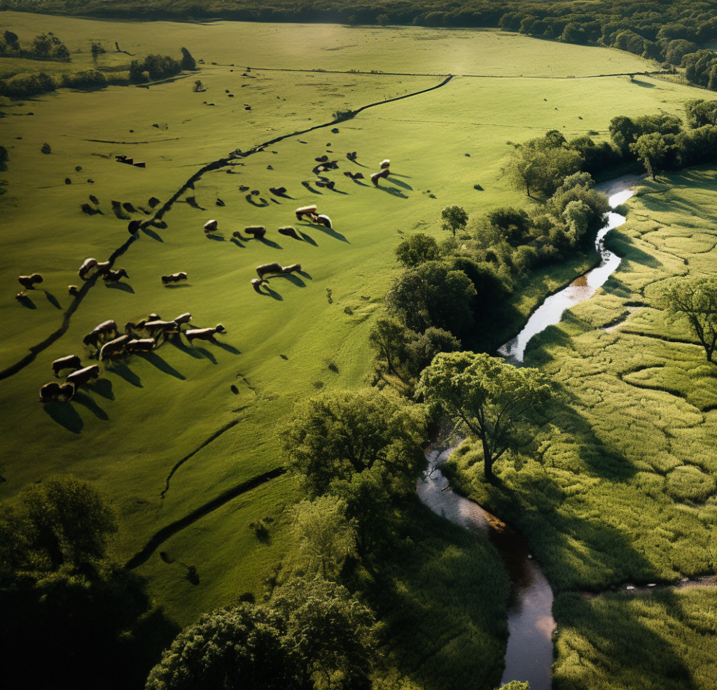 Digital representation of agroforestry Riparian Buffers system with perennial green trees, cattle livestock, a creek.