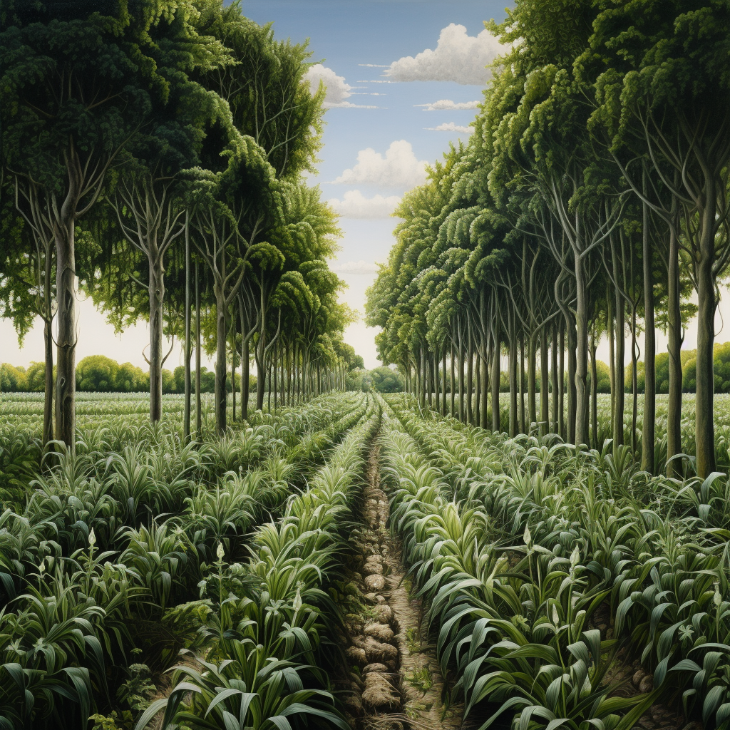 Digital representation of agroforestry alley cropping system with tall trees interchanging between rows of annual crops.